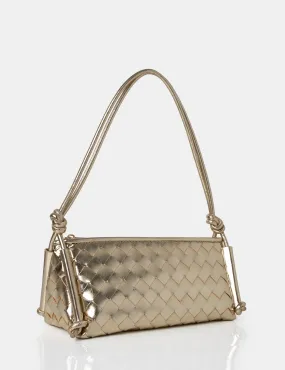 The Tate Gold Woven Oblong Knotted Handle Shoulder Bag