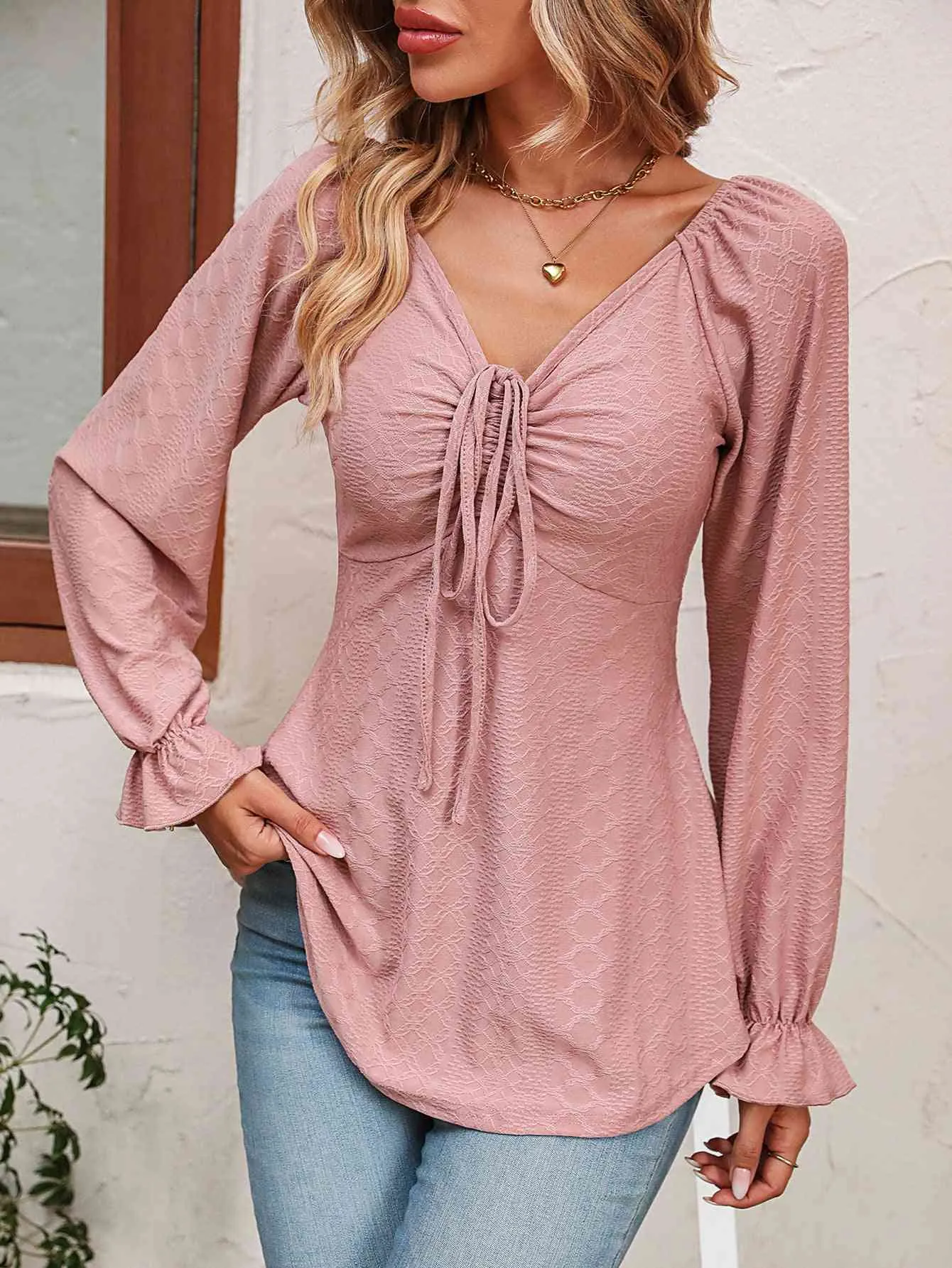 Tie Front V-Neck Puff Sleeve Blouse (BFD) T