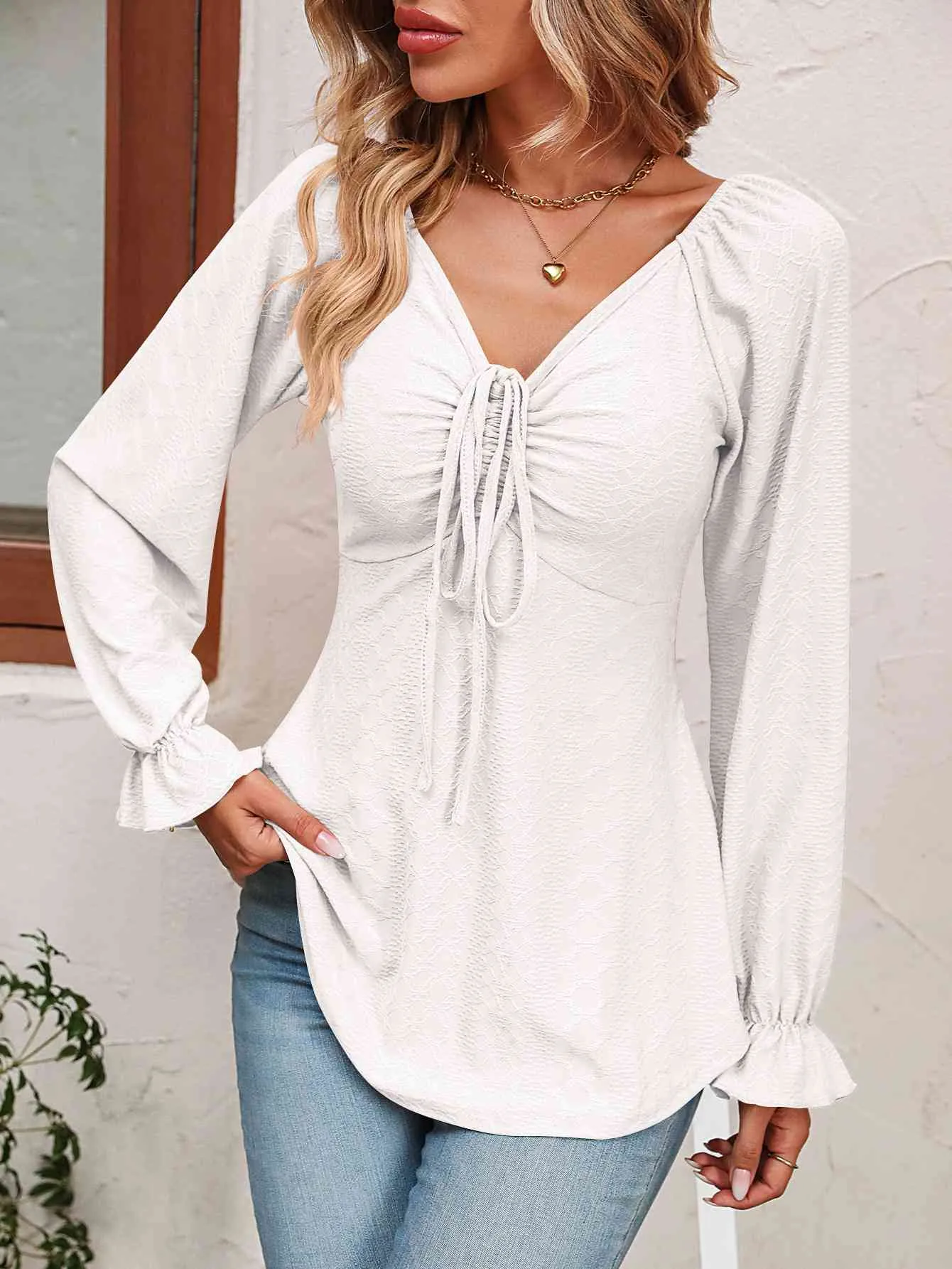 Tie Front V-Neck Puff Sleeve Blouse (BFD) T