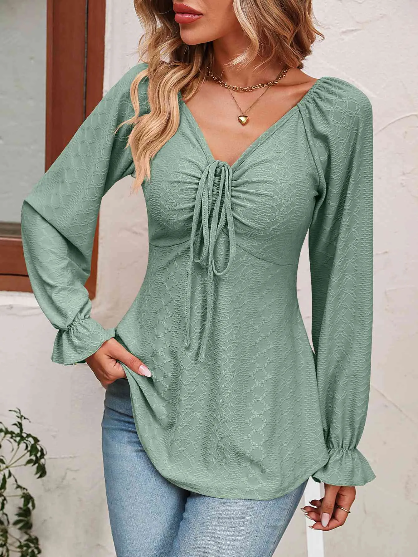 Tie Front V-Neck Puff Sleeve Blouse (BFD) T