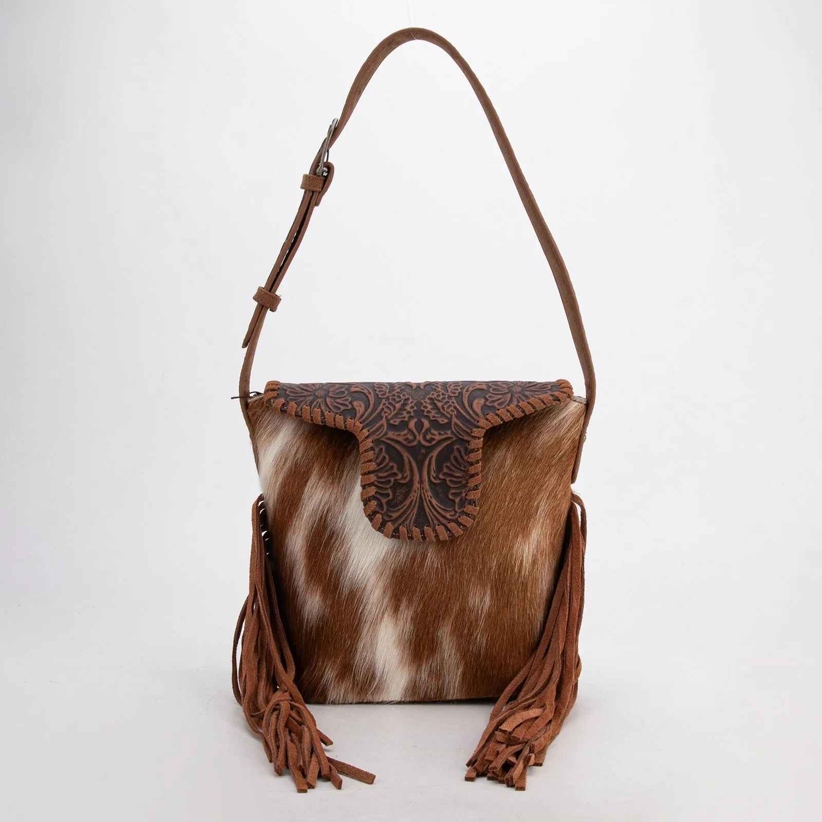 TR182-9181  Trinity Ranch Genuine Hair-On Cowhide Tooled Fringe Shoulder Bag-Brown