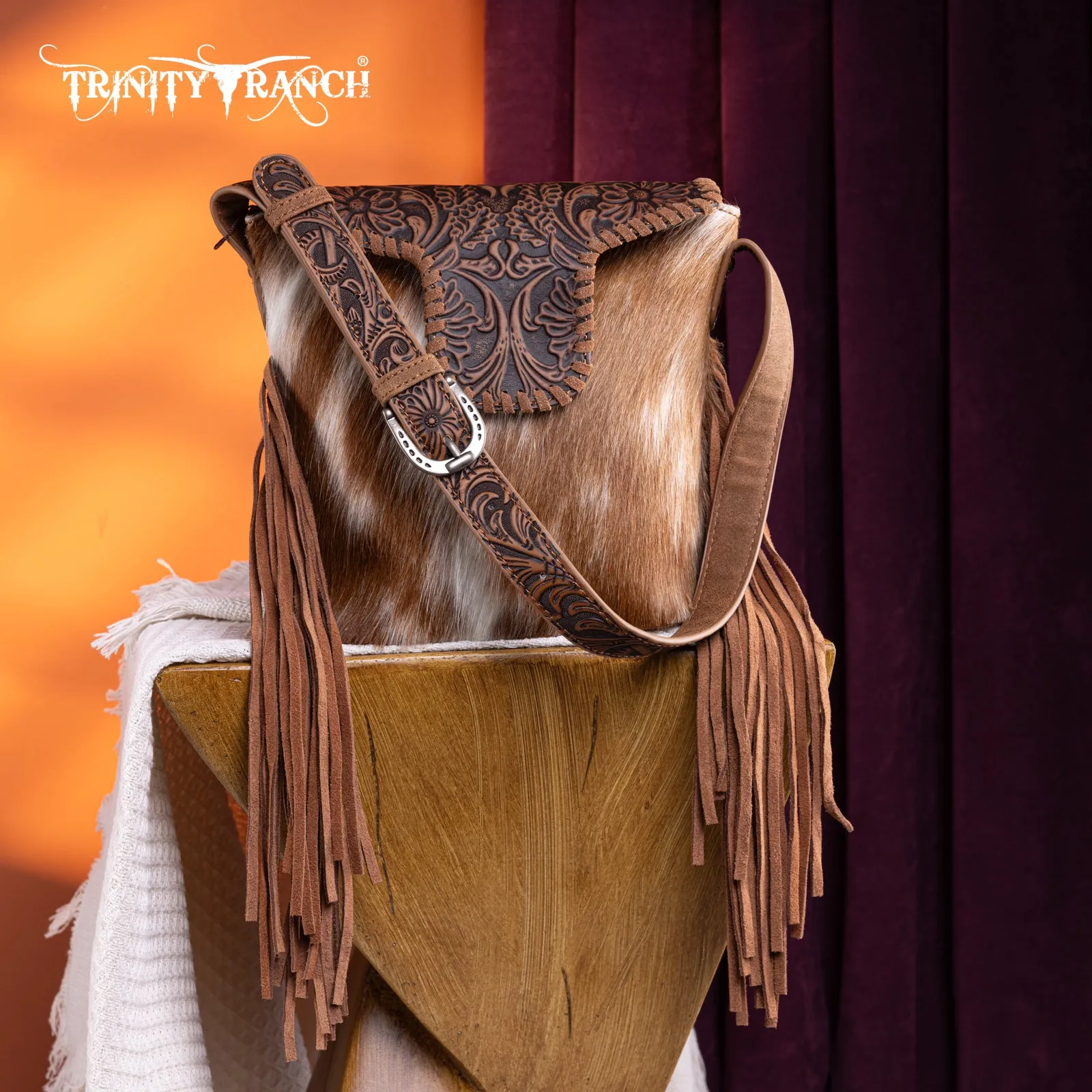 TR182-9181  Trinity Ranch Genuine Hair-On Cowhide Tooled Fringe Shoulder Bag-Brown