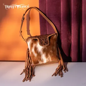 TR182-9181  Trinity Ranch Genuine Hair-On Cowhide Tooled Fringe Shoulder Bag-Brown