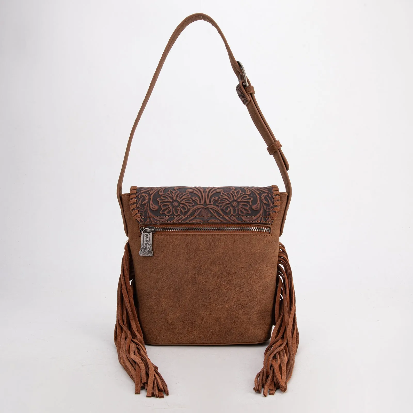 TR182-9181  Trinity Ranch Genuine Hair-On Cowhide Tooled Fringe Shoulder Bag-Brown