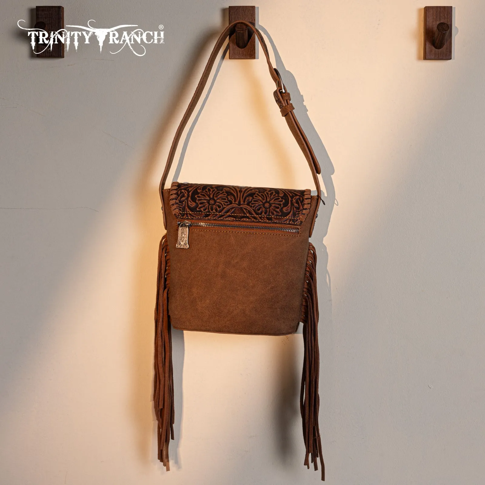 TR182-9181  Trinity Ranch Genuine Hair-On Cowhide Tooled Fringe Shoulder Bag-Brown