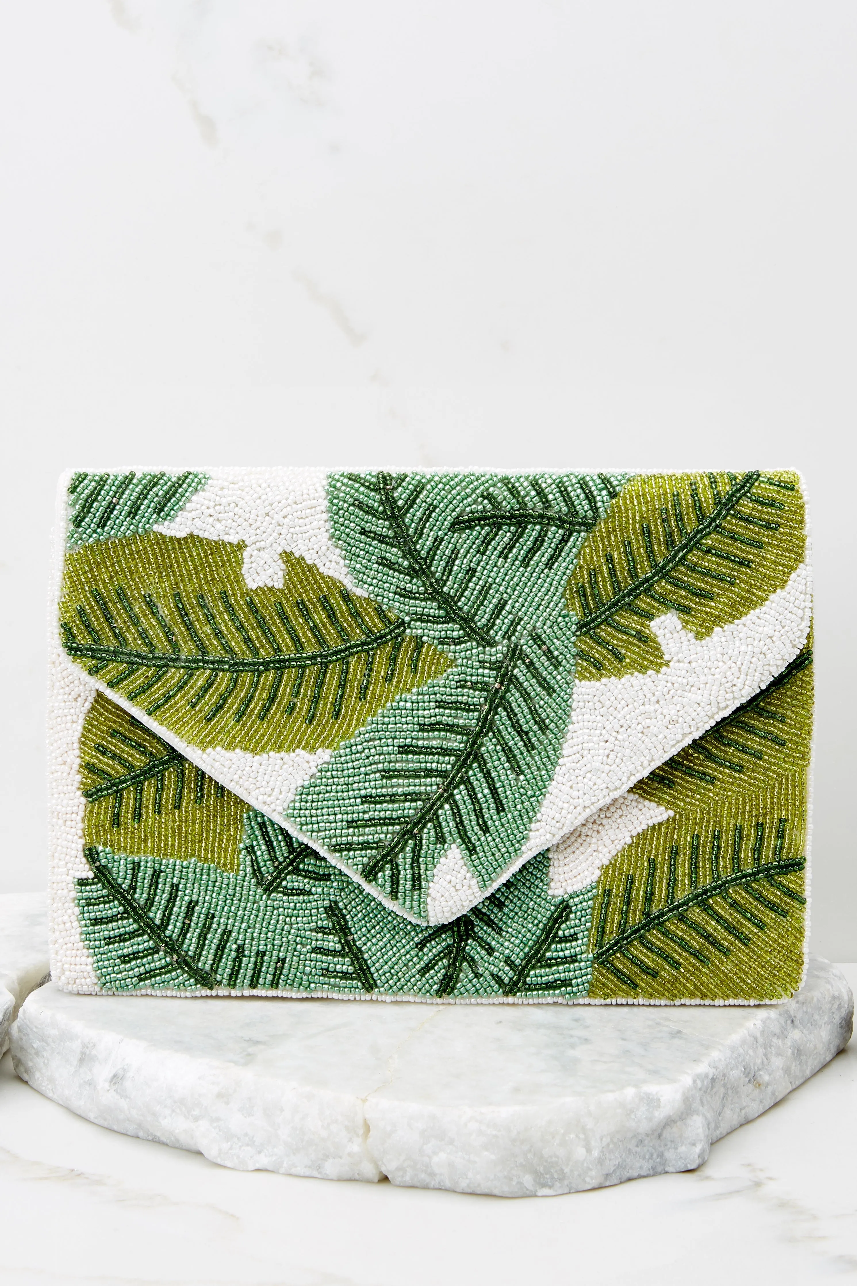 Under The Palm Tree White And Green Beaded Clutch