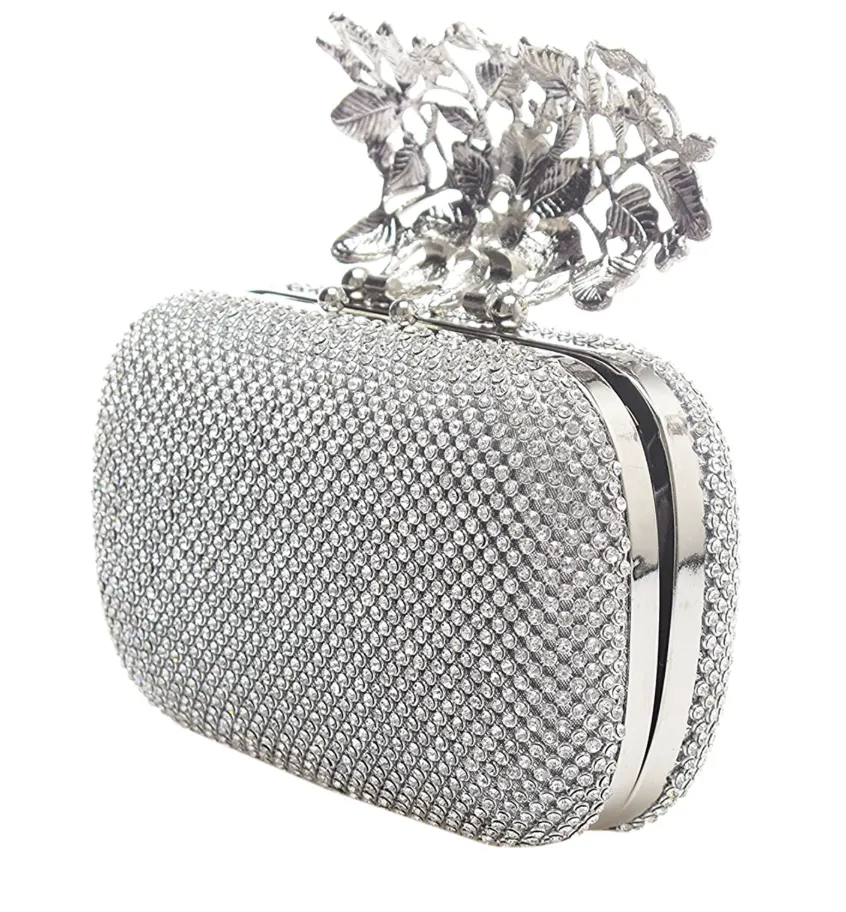 Unique Clasp Silver Diamante Crystal Diamond Evening bag Clutch Purse