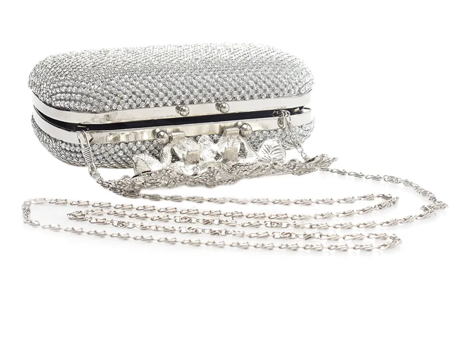 Unique Clasp Silver Diamante Crystal Diamond Evening bag Clutch Purse