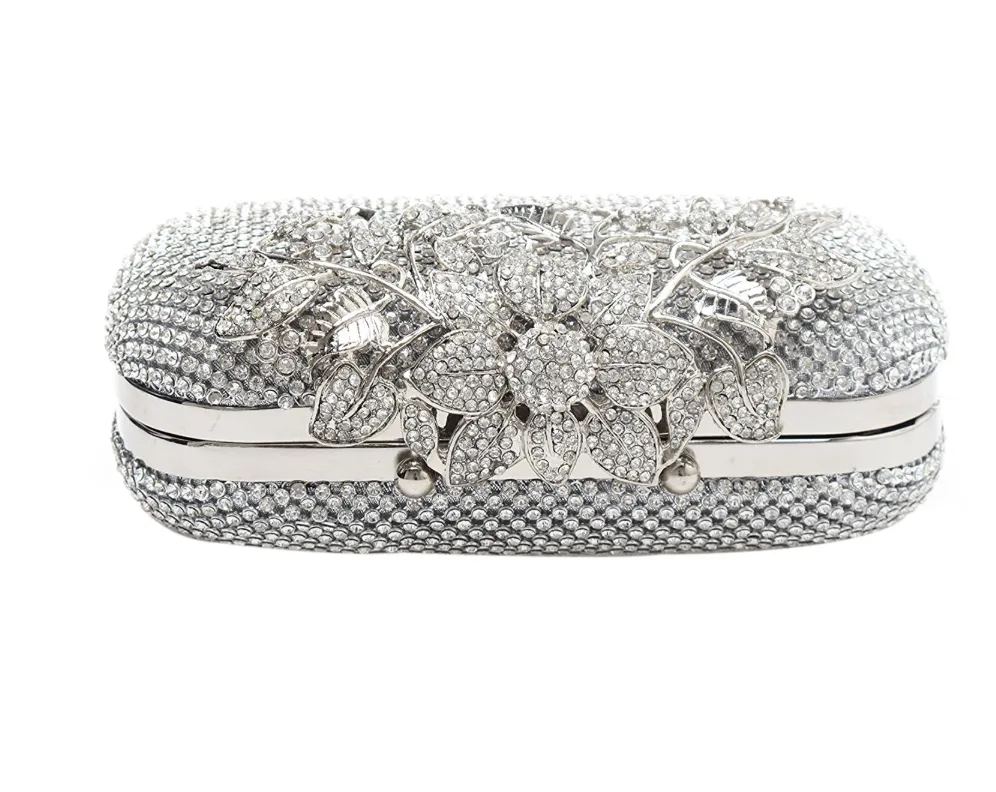 Unique Clasp Silver Diamante Crystal Diamond Evening bag Clutch Purse