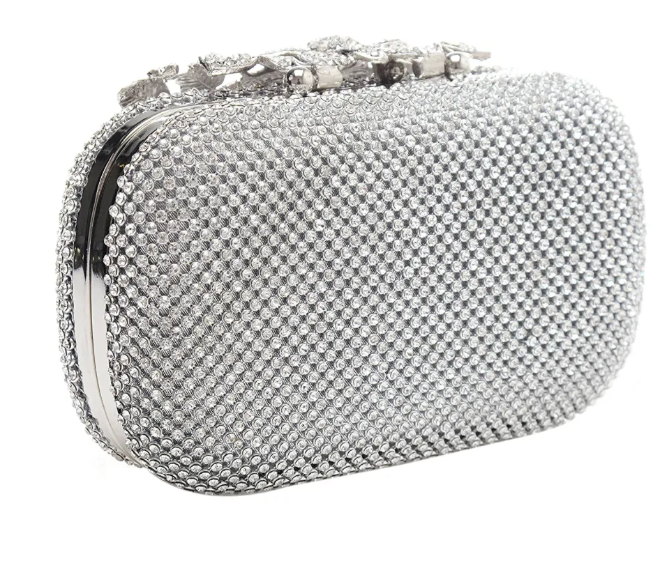 Unique Clasp Silver Diamante Crystal Diamond Evening bag Clutch Purse