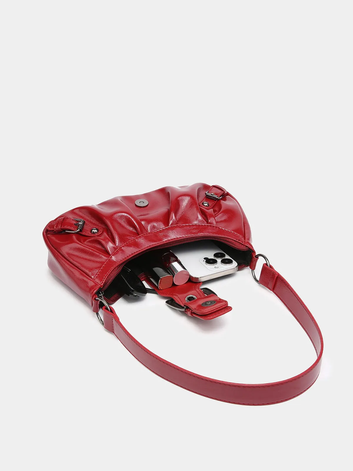 Vintage PU Leather Magnetic Closure Zipper Underarm Bag