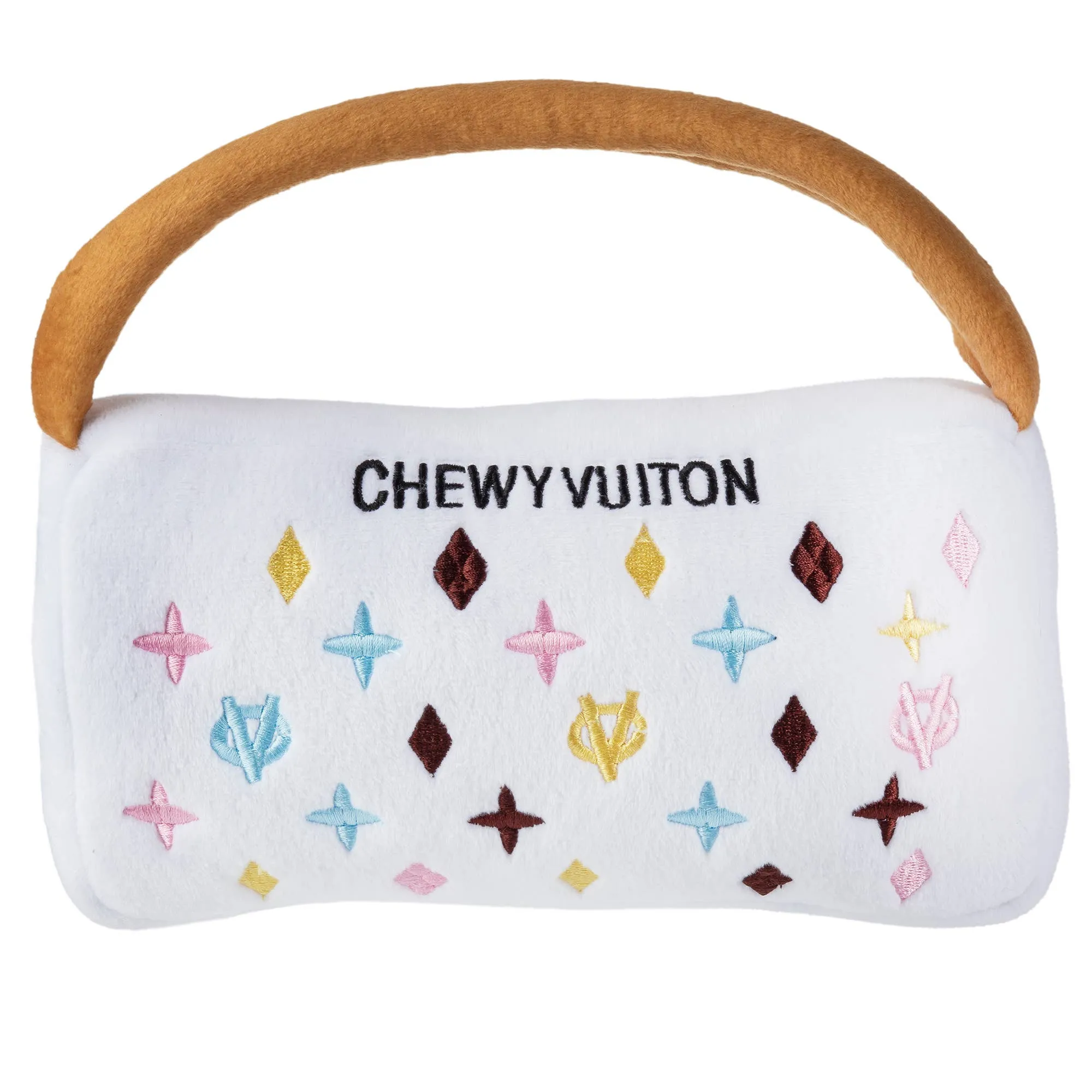 White Chewy Vuiton Purses Squeaker Dog Toy