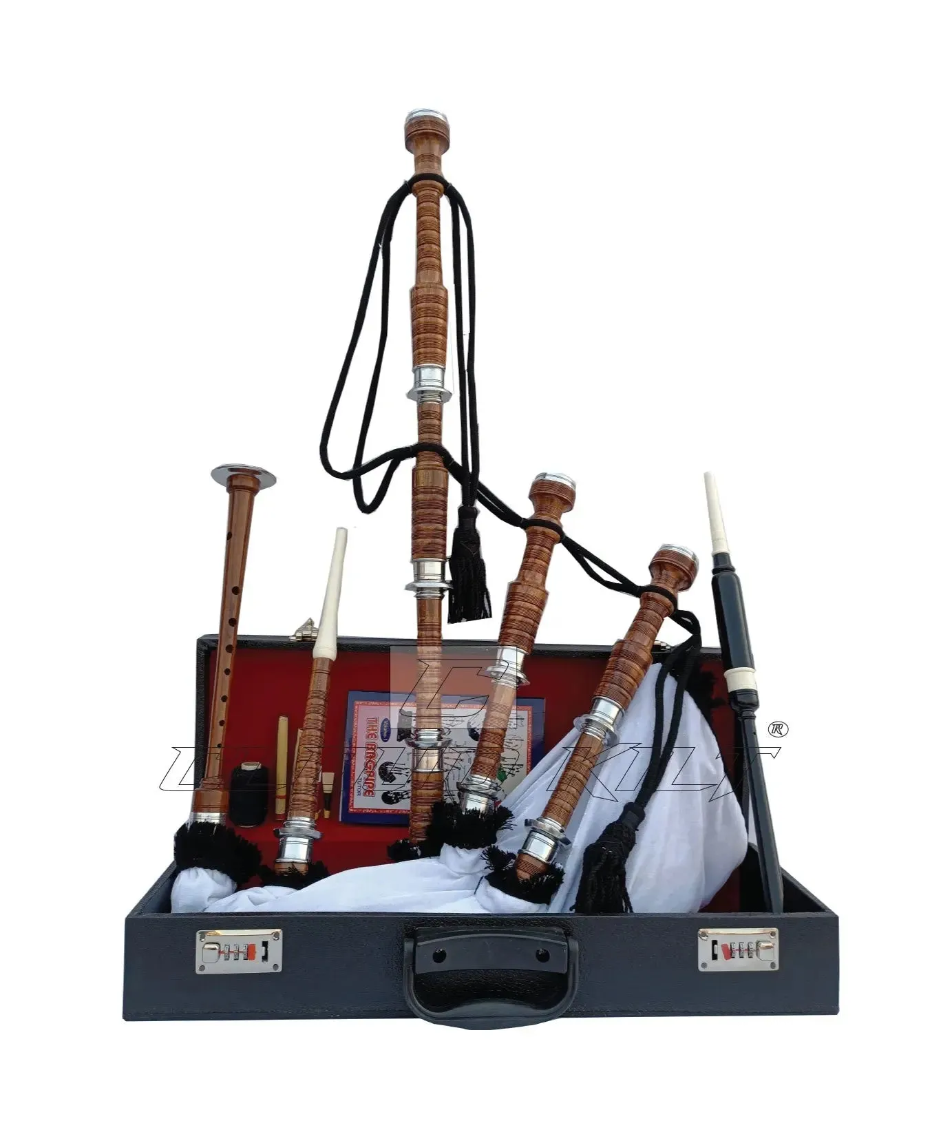 White Velvet Bagpipe Set Brown & Silver Finish With Hard Case