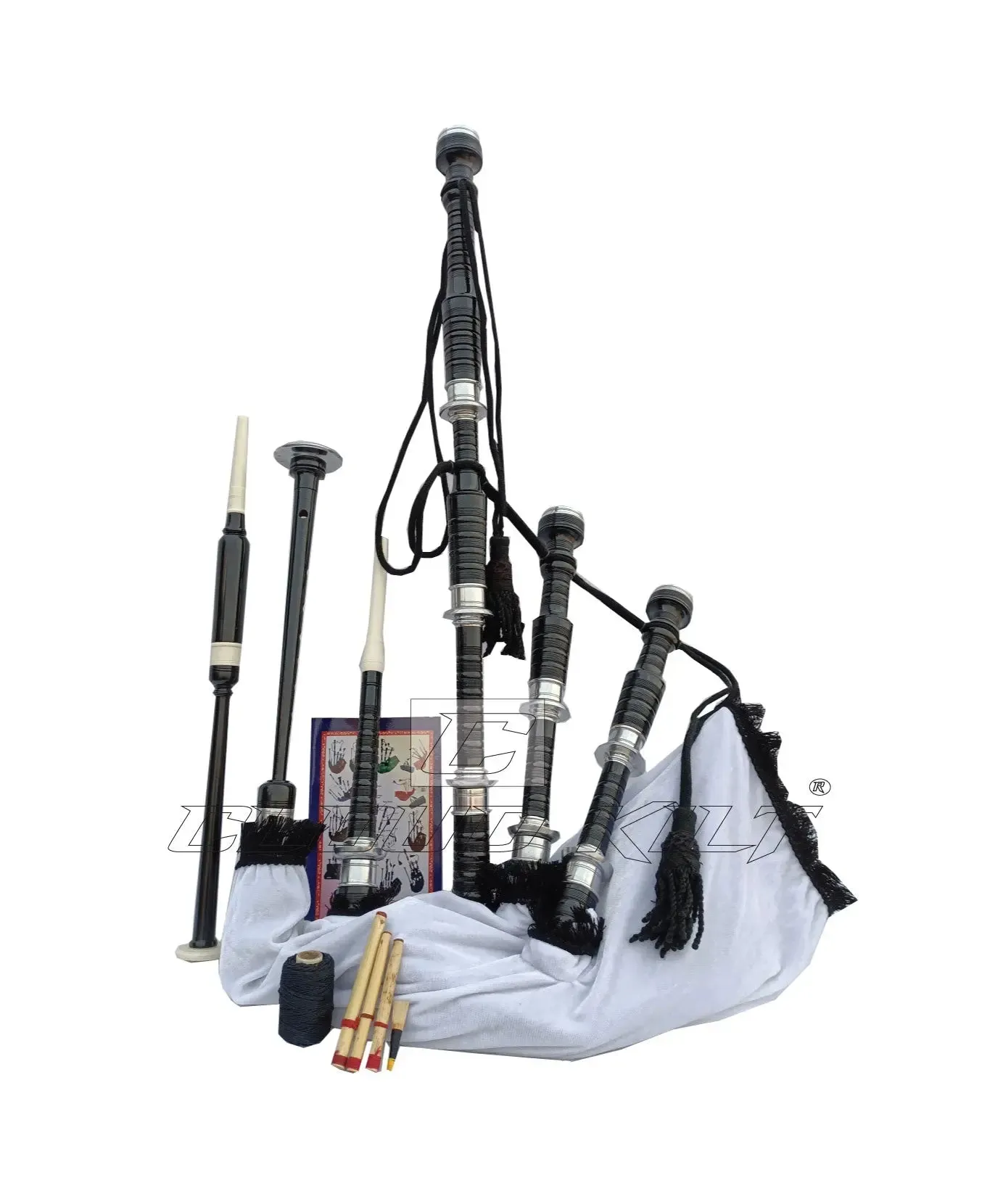 White Velvet Bagpipe Set Silver & Black Finish With Hard Case