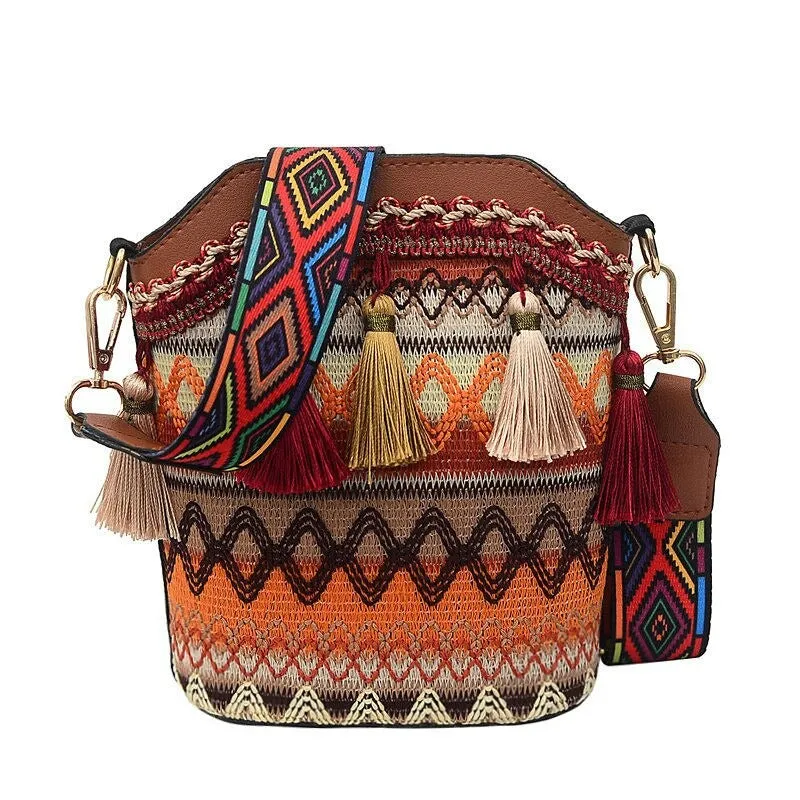 Women's Colorful Print Tassel Crossbody Bag