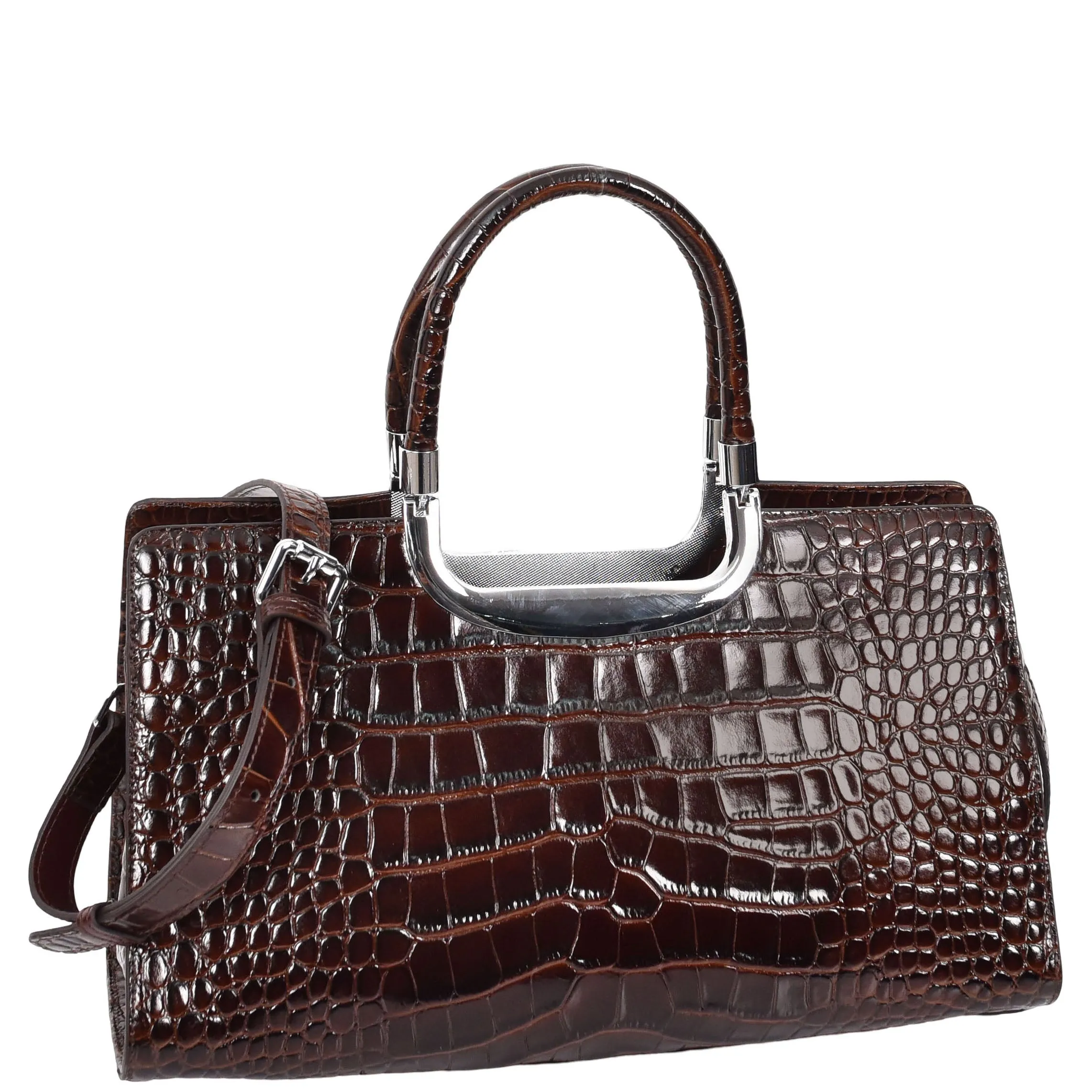 Womens Leather Croc Print Handbag Madeline Brown