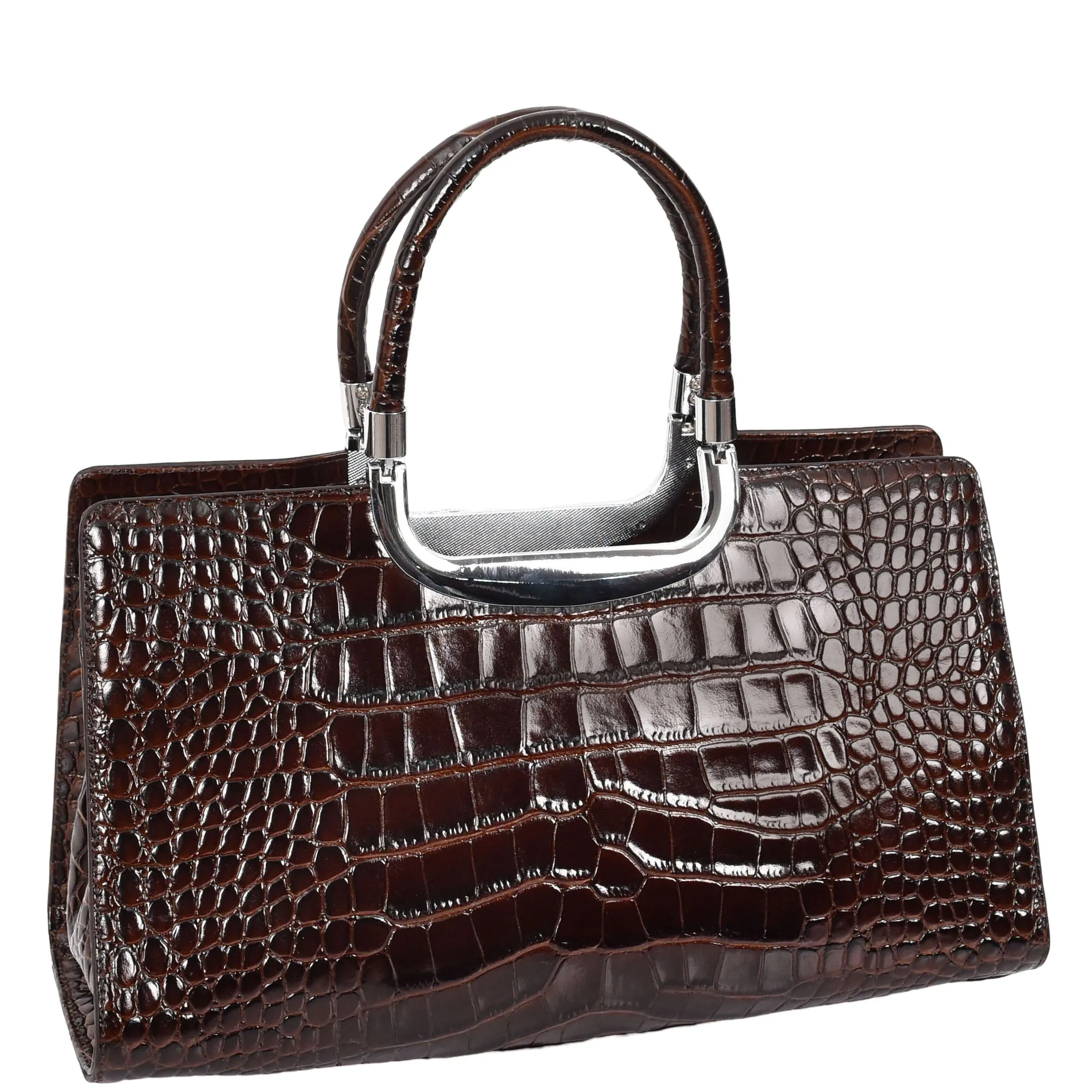 Womens Leather Croc Print Handbag Madeline Brown