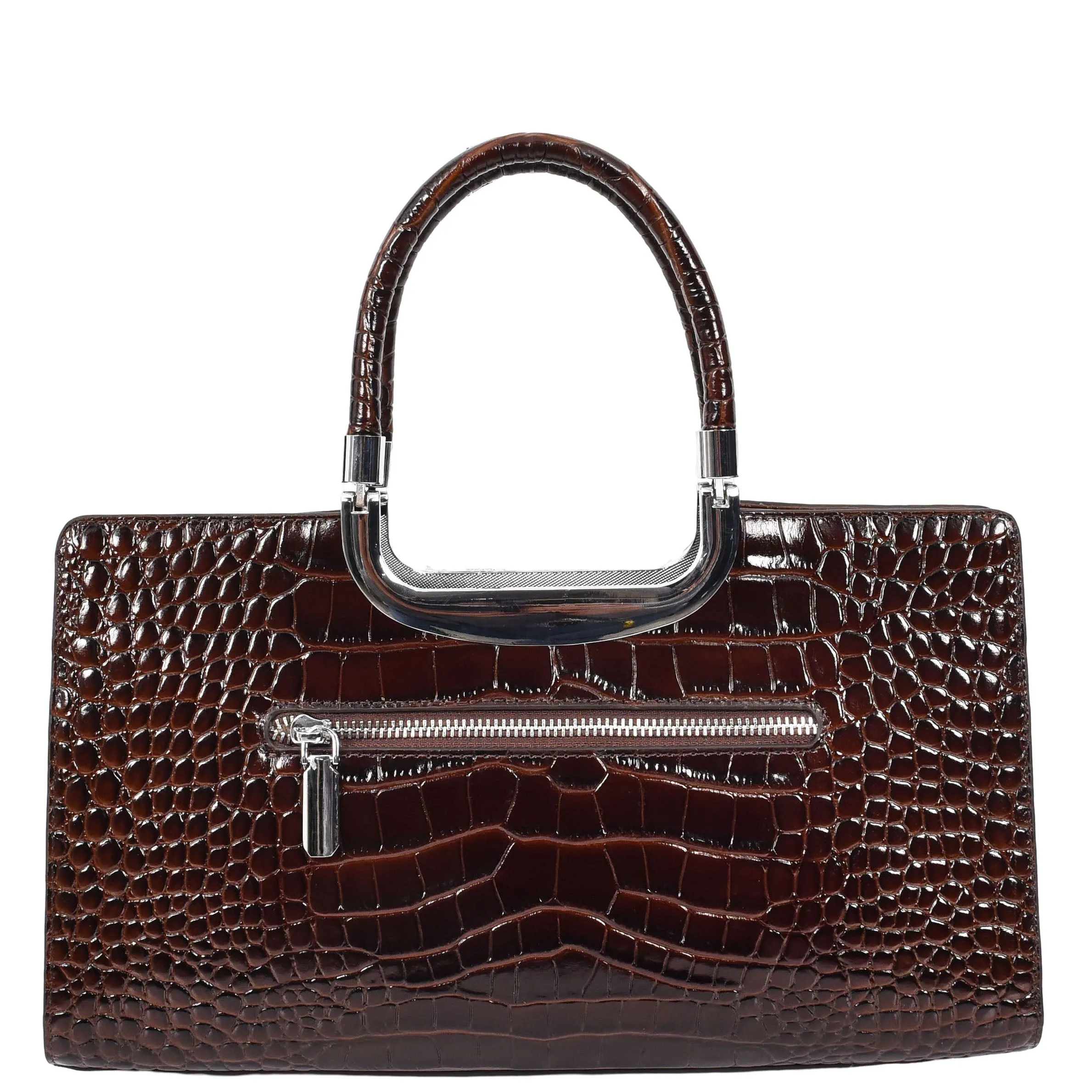 Womens Leather Croc Print Handbag Madeline Brown