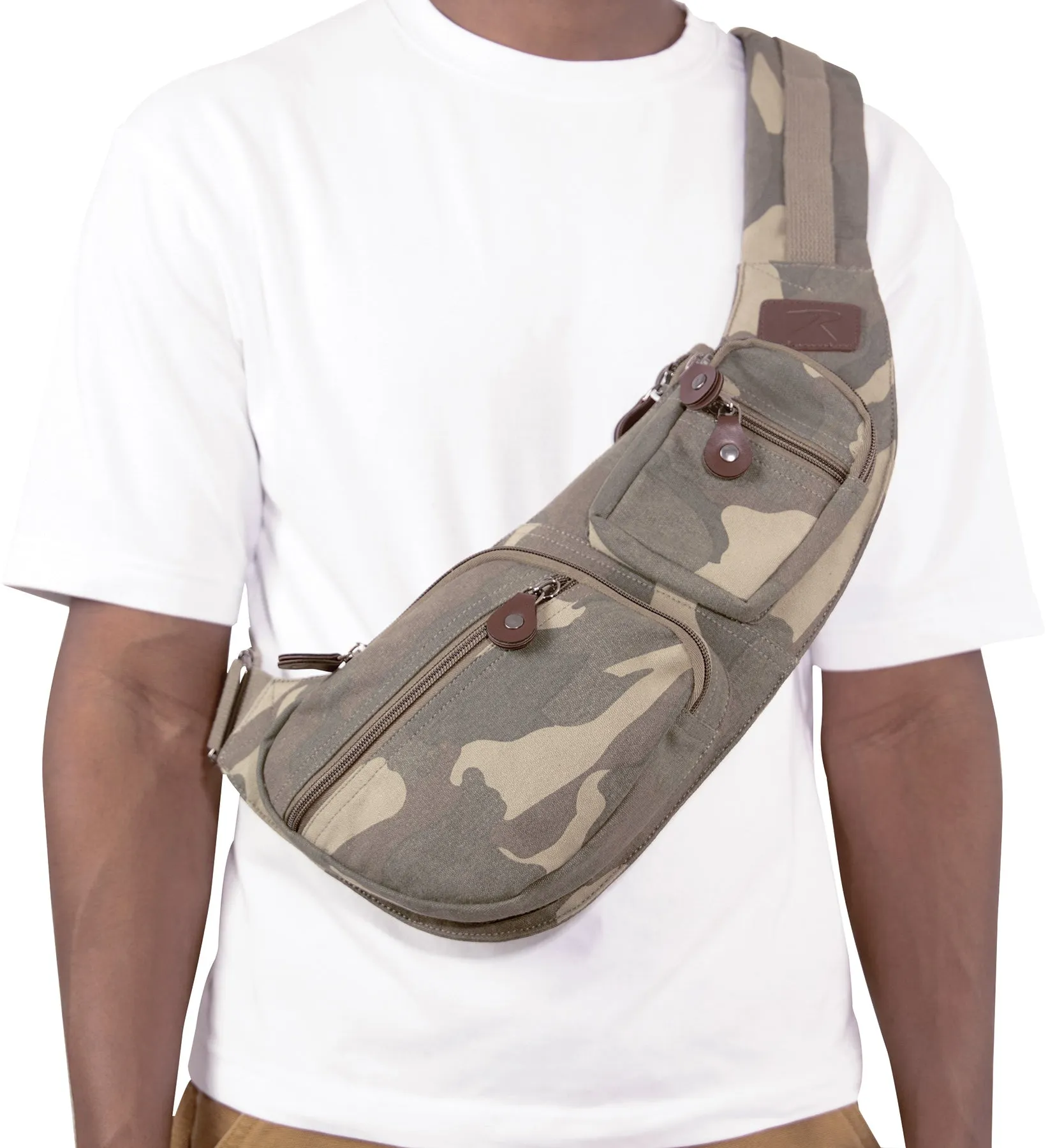 Woodland Camo - Vintage Crossbody Large Canvas Sling Backpack Bag