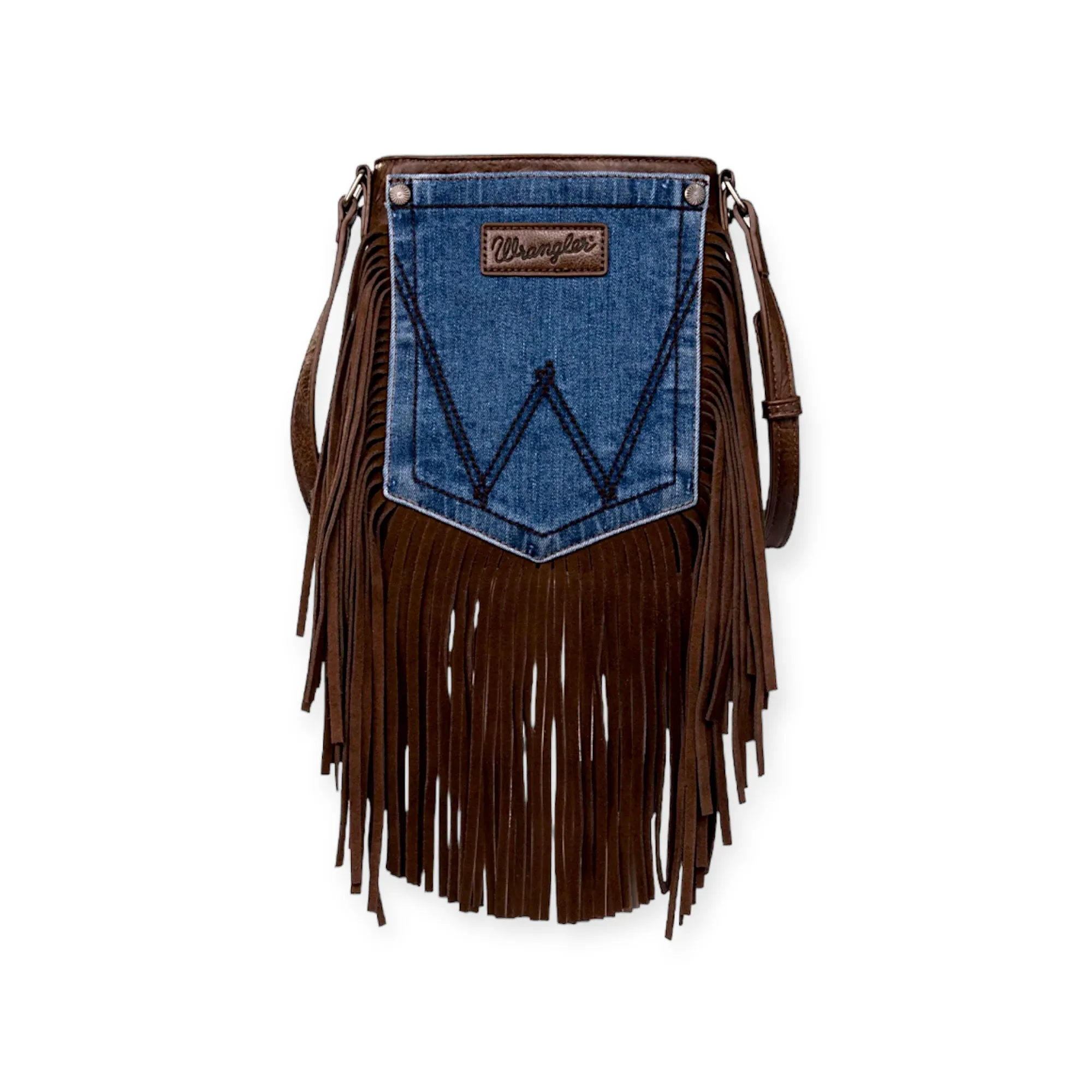 Wrangler Leather Fringe Jean Denim Pocket Crossbody Bag - Dark Brown/Jean