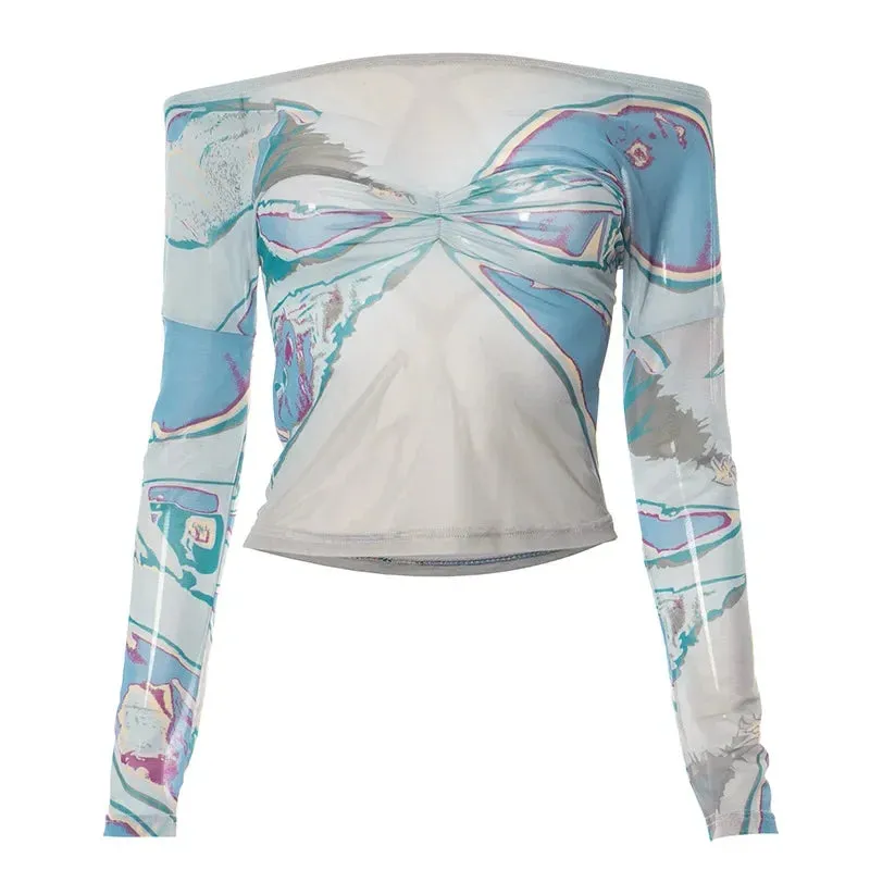 Y2k Fashion Shoulderless Tops Long Sleeve Butterfly Print Mesh See Through Graphic T Shirt Fall Woman Clothes P85-BB10